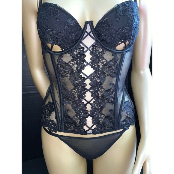 Victoria's Secret DESIGNER COLLECTION 34B,36C CORSET SET BLACK floral embroidery - Picture 5 of 15